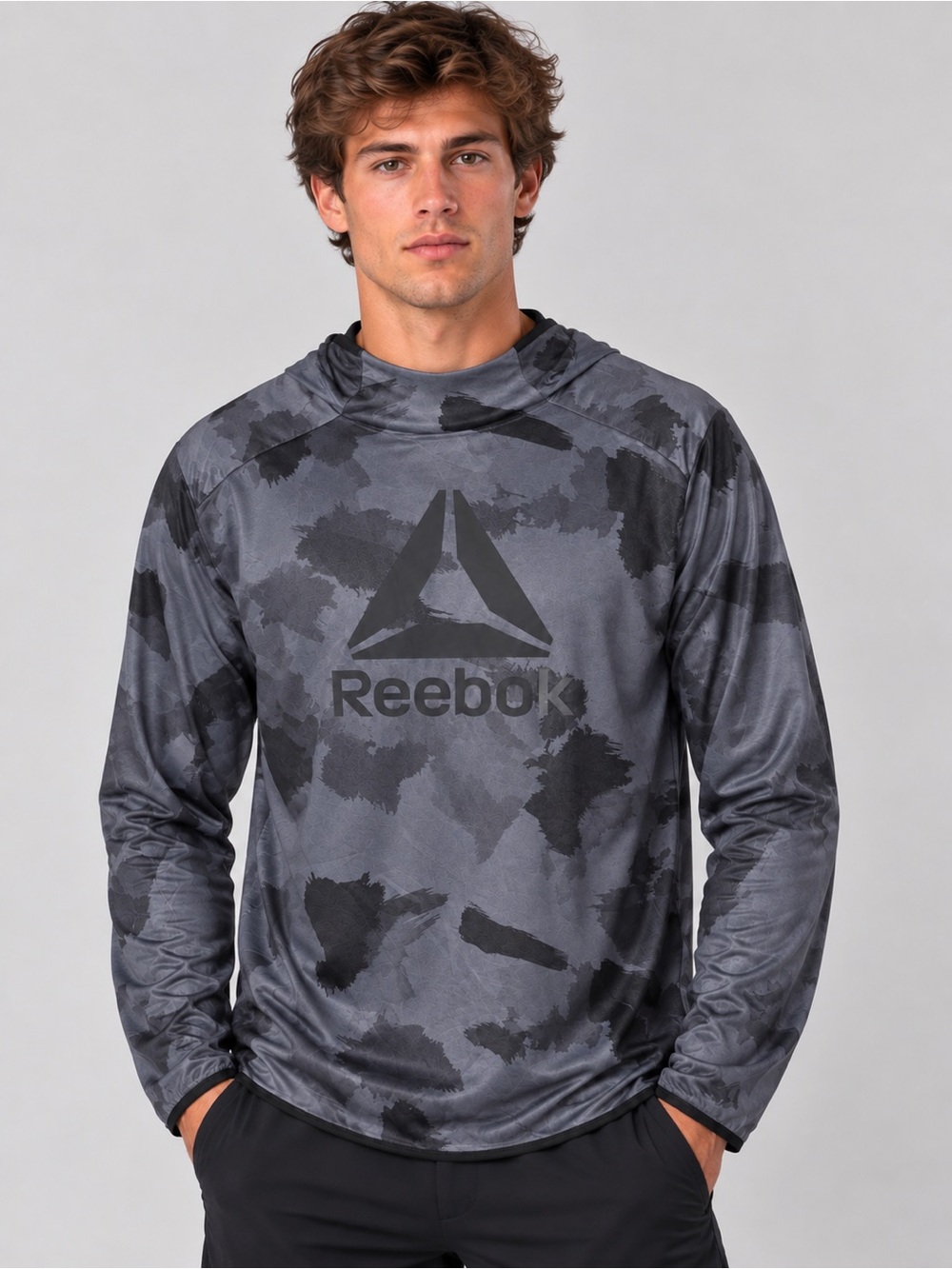 Reebok Men’s Large Gray Black Camo Hooded Long Sleeve Performance Shirt